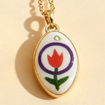 Flower Printed Brass Enamel Oval Pendant Necklaces for Women WGE62A2-03-1