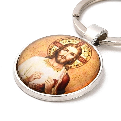 I Love Jesus Symbol Glass Pendant Keychain with Alloy Jesus Fish Charm LS-KEYC-G058-01E-1