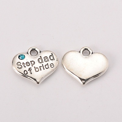 Wedding Theme Antique Silver Tone Tibetan Style Alloy Heart with Step Dad of Bride Rhinestone Charms TIBEP-N005-22B-1
