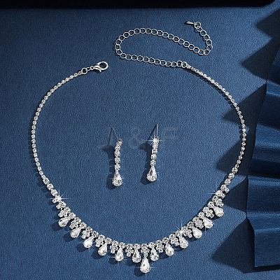 Teardrop Alloy Rhinestone Pendant Necklace & Stud Earring FS-WG7372C-03-1