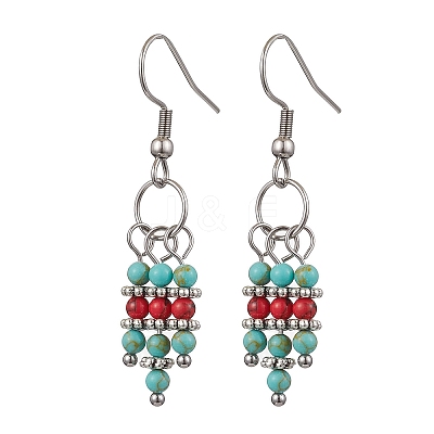 Synthetic Turquoise Beaded Tassel Dangle Earrings EJEW-JE06189-1