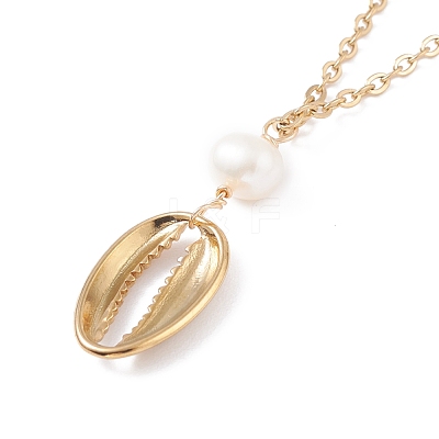 Natural Cowrie Shell Natural Pearl Pendant Necklaces NJEW-JN03745-1