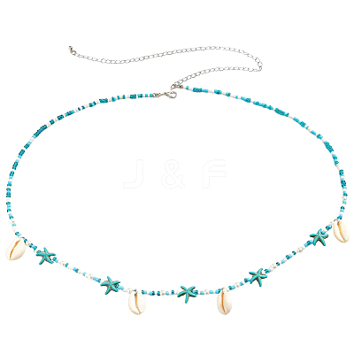 Natural Cowrie Shell & Synthetic Turquoise and Glass Seed Beaded Bohemian Waist Chains for Women AJEW-CP0011-34-1