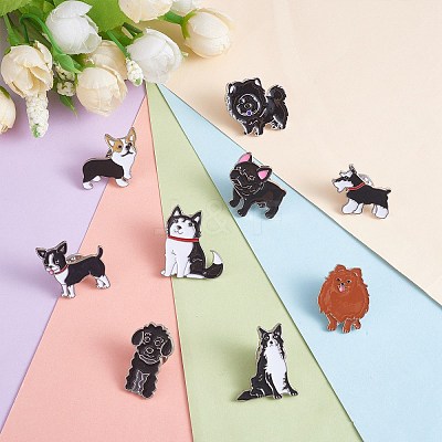 9Pcs 9 Style Poodle & Siberian & Schnauzer & Chihuahua & Border Enamel Pin with Brass Butterfly Clutches JEWB-SZ0001-77-1