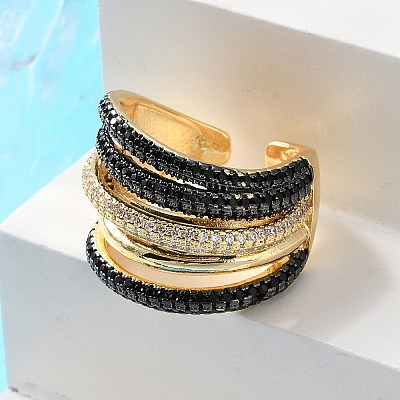 Rack Plating Brass Multi Line Open Cuff Ring RJEW-C065-01G-1