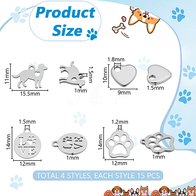 60Pcs 4 Styles Stainless Steel Charms STAS-GA0001-94-1