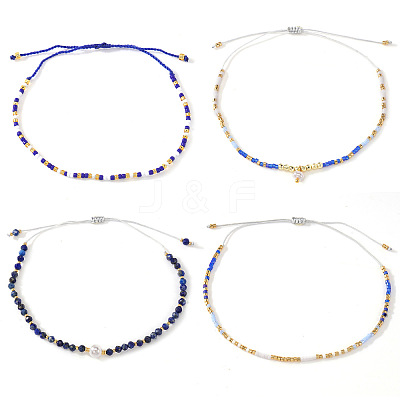 4Pcs Adjustable Glass Seed Bead & Natural Lapis Lazuli Braided Bead Bracelets for Women MX1312-1-1