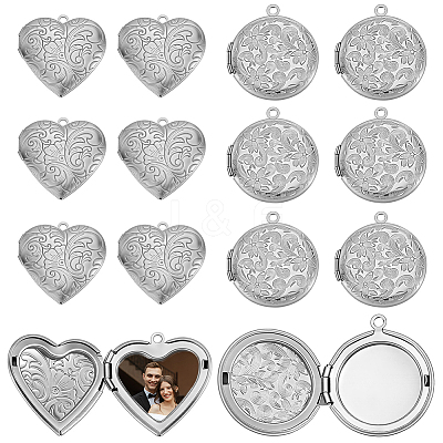12Pcs 2 Styles Stainless Steel Round Locket Pendants STAS-GA0002-05-1