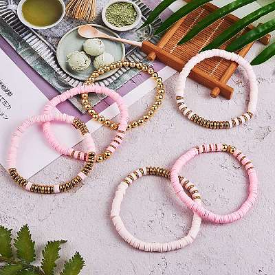 Synthetic Hematite & Polymer Clay Heishi Beads Stretch Bracelets Set BJEW-PH01487-01-1