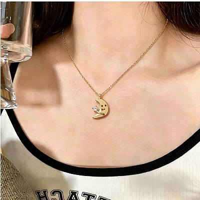 Brass Pave Clear Cubic Zirconia Smiling Face Moon Pendant Necklaces KK-CBA6599-04B-G-1