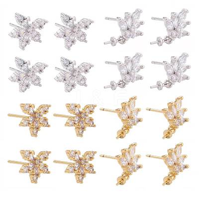 4 Pairs 2 Style Brass Micro Pave Clear Cubic Zirconia Stud Earring Findings KK-ZZ0001-06-1