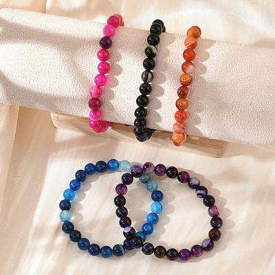 Natural Striped Agate/Banded Agate Beaded Stretch Bracelets BJEW-JB02564-1