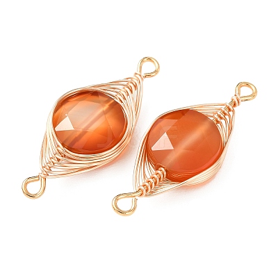 Natural Carnelian Faceted Hexagonal Cut Flat Round Links Connector Charms with Copper Herringbone Wire-Wrapped KK-Z152-07G-03-1