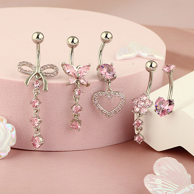 1Pc 304 Stainless Steel Rose Rhinestone Curved Barvell Dangle Belly Rings WGF9938-04-1