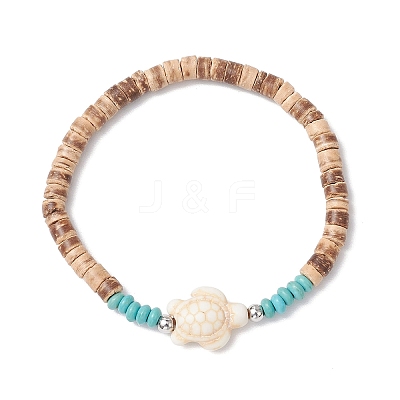 2Pcs Starfish & Tortoise Natural Coconut with Synthetic Turquoise Beads Stretch Bracelets for Men Women BJEW-JB11743-1