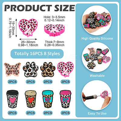 16Pcs 8 Styles Leopard Print Pattern Silicone Focal Beads SIL-TA0002-69-1