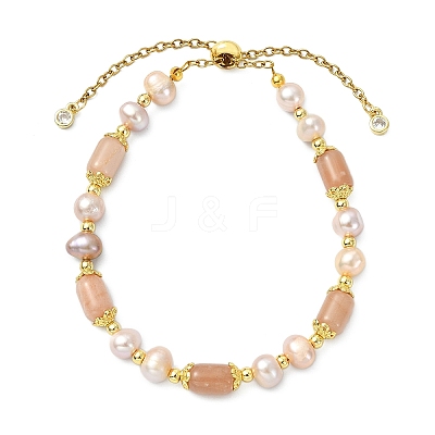 Adjustable Natural Sunstone & Cultured Freshwater Pearls Beads  Slider Bracelets for Women BJEW-JB14030-02-1