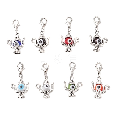 Teapot Handmade Evil Eye Lampwork & Tibetan Style Alloy Pendant Decorations HJEW-JM03543-02-1