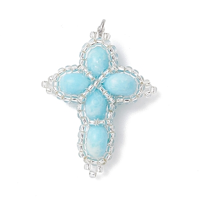 Dyed Synthetic Imperial Jasper with Glass Seed Beaded Pendants PALLOY-MZ01119-04-1