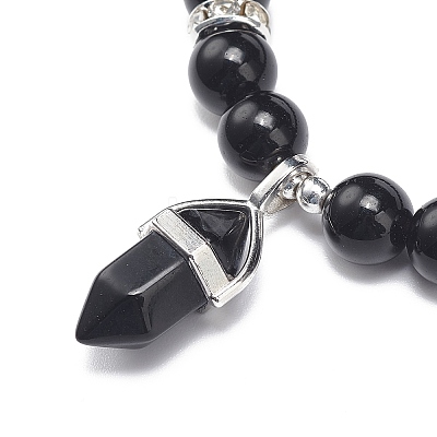 Natural Obsidian Round Beaded Stretch Bracelet with Bullet Charms BJEW-JB09018-05-1