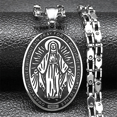 Religion 201 Stainless Steel Enamel Black Oval with Virgin Mary Pendant Necklaces NJEW-C104-02B-1