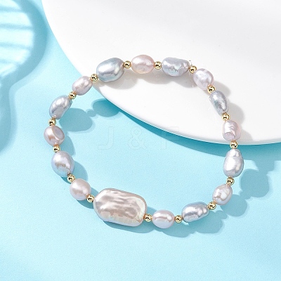 Natural Cultured Freshwater Pearl & Brass Beads Stretch Bracelet for Women BJEW-JB13209-1