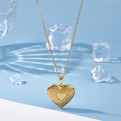 2Pcs 316 Surgical Stainless Steel Heart Photo Locket Pendant Cable Chain Necklaces for Women NJEW-DC0001-15G-1
