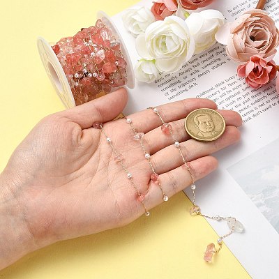 5M Natural Rose Quartz Nuggets & ABS Plastic Pearl Beaded Chains CHC-CJ0001-77-1