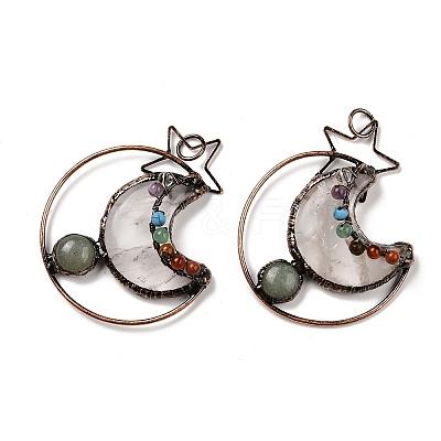 Natural Green Aventurine & Quartz Crystal Brass Star Moon Big Pendants G-H316-01R-02-1