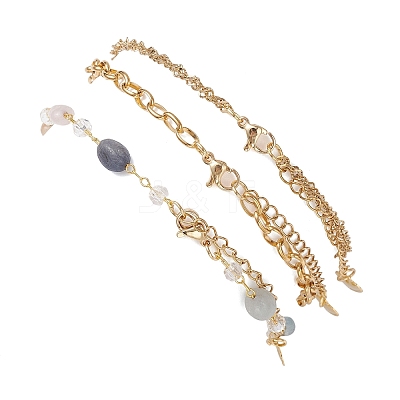 Natural Labradorite Nuggets & 304 Stainless Steel Link Chain 3 Layer Anklets for Women AJEW-AN00743-03-1