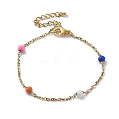 PVD Vacuum Plating Golden 304 Stainless Steel Cable Chain Bracelet with Enamel Rondelle Beaded BJEW-G683-02G-01-1