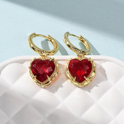 Valentine's Day Heart Brass & Glass Hoop Earrings EJEW-Z164-23G-01-1
