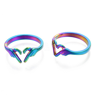 304 Stainless Steel Hand Heart Cuff Rings X-RJEW-N038-121M-1
