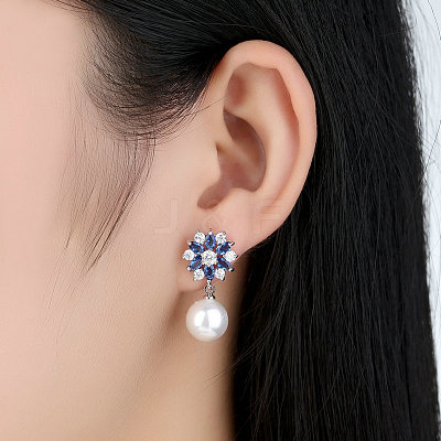 Platinum Plated Brass Flower Cubic Zirconia Stud Earrings EJEW-FF0002-08A-1
