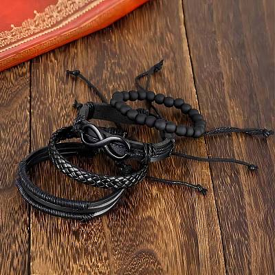 4Pcs 4 Styles Cowhide & Imitation Leather & Beaded Bracelet Set for Men Women FS-WG0FA9F-01-1
