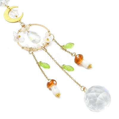 Glass Teardrop & Mushroom & Brass Moon Suncatcher HJEW-JM04934-01-1