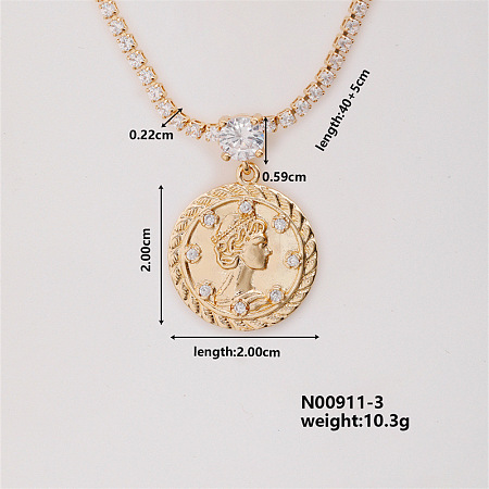 Fashion Brass Rhinestones Flat Round Pendant Necklace for Women AB9344-3-1