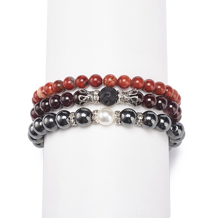 3Pcs 3 Style Natural & Synthetic Mixed Stone Round Beaded Stretch Bracelets Set BJEW-JB08586-1