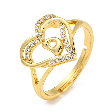 Heart with Letter Rack Plating Brass Micro Pave Clear Cubic Zirconia Adjustable Rings for Women RJEW-I105-01G-D-1