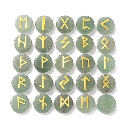 Brass Elder Futhark Alphabet Engraved Symbol Flat Round Natural Green Aventurine Rune Stones G-I373-01I-1