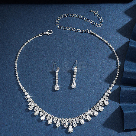 Teardrop Alloy Rhinestone Pendant Necklace & Stud Earring FS-WG7372C-03-1