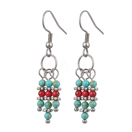 Synthetic Turquoise Beaded Tassel Dangle Earrings EJEW-JE06189-1