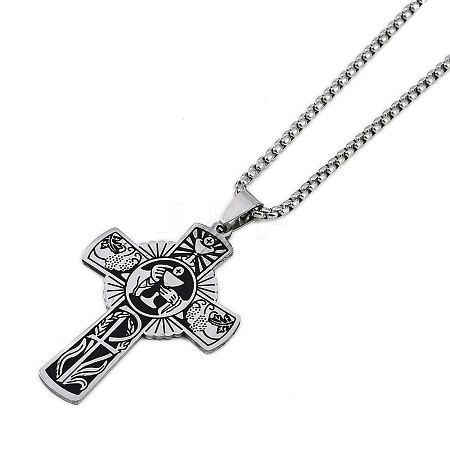 304 Stainless Steel Eucharist Holy Communion Cross Pendant Box Chain Necklaces NJEW-M010-04P-1