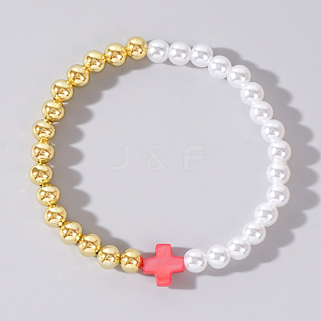 Summer Vacation Style Brass and Plastic Imitation Pearl Bead Bracelet for Women OF8500-2-1