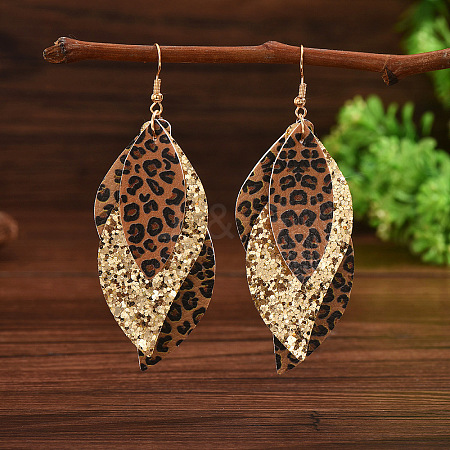 Leaf with Leopard Print Alloy Imitation Leather Dangle Earrings FS-WG184A7-01-1