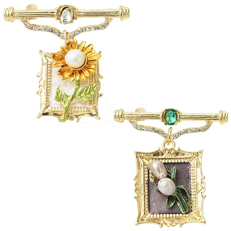 2Pcs 2 Styles Square & Rectangle with Flower Alloy ABS Imitation Pearl Brooch JEWB-CJ0001-92-1