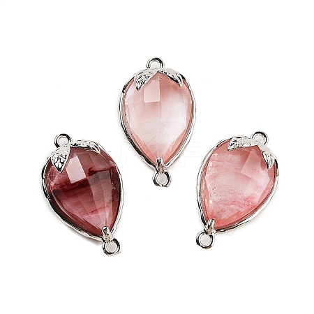 Cherry Quartz Glass Faceted Teardrop Connector Charms G-B081-03P-02-1