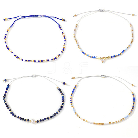 4Pcs Adjustable Glass Seed Bead & Natural Lapis Lazuli Braided Bead Bracelets for Women MX1312-1-1