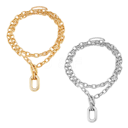 4Pcs 2 Colors Alloy Double Layered Oval Pendant Necklaces NJEW-HY0001-14-1