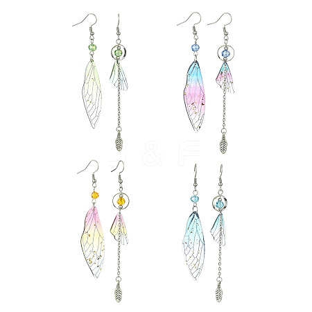 4 Set 4 Color Resin Wing with Feather Asymmetrical Earrings EJEW-TA00175-1